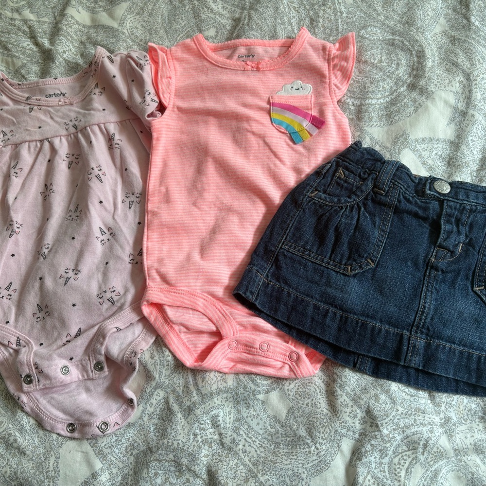 6-9m BabyGap & Carter's outfit, 2 onesies & 1 Denim skirt